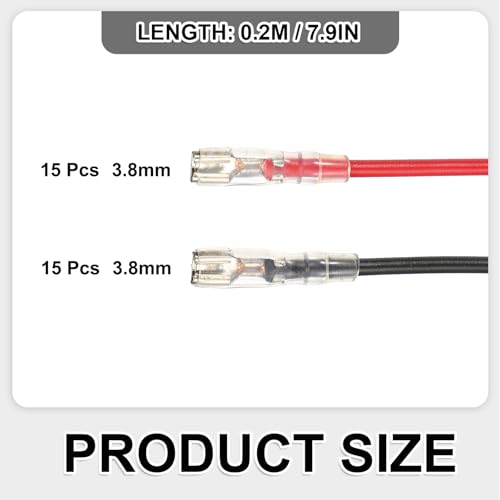 MECCANIXITY 30Pcs 3.8mm Female Spade Crimp Terminal with 20cm Wires - color: Red/Black, size: 3.8mm, 20cm L