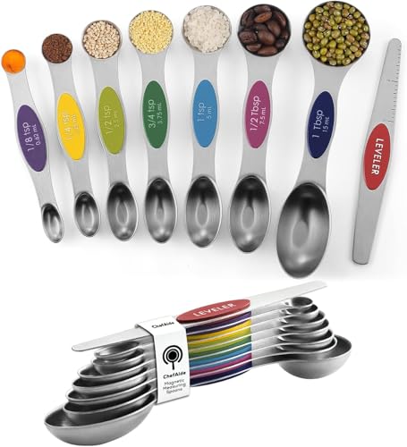 ChefAide Set of 8 Magnetic Measuring Spoons, Stainless Steel, Dual Sided - color: Multicolor, size: Magnetic Measuring Spoons