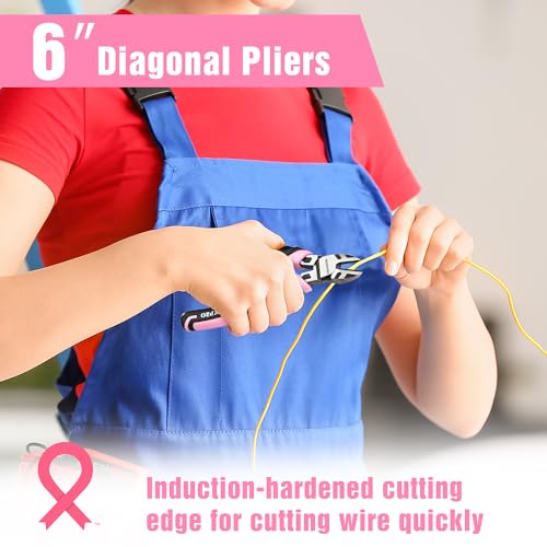 WORKPRO 3 PCS Pink Pliers Set, Needle Nose & Diagonal & Slip Joint Pliers