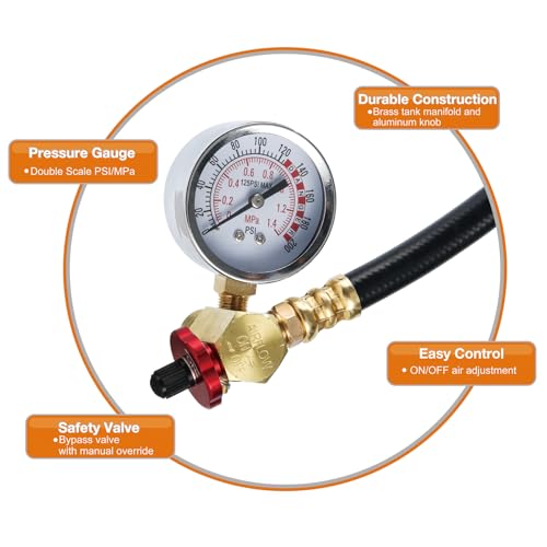 12Pc Air Tank Repair Kit, SUNROAD Air Tank Hose Assembly Kit Come with Pressure Gauge, Air Hose Connect, Aluminum Knob Air Tank Manifold,Reuseable Cable Tie,Valve Core Tool and Valve Cores