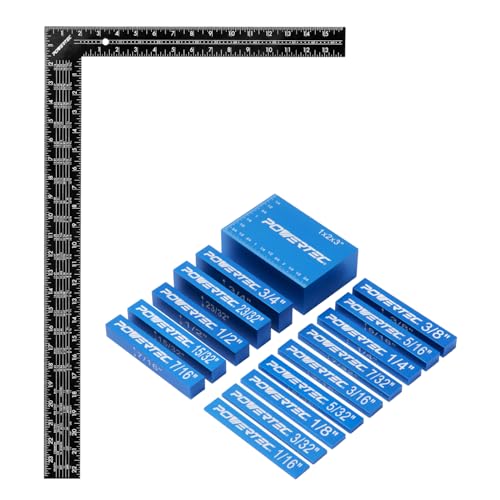 POWERTEC 72230 15pcs Setup Blocks Height Gauge Set & 16 x 24 Inch Steel Framing Square, Router Table Setup Bars for Router Bit/Table Saw Blade Height, Band Saw, Drill Press, Woodworking, Construction - size: Square & Router Table Setup Bars