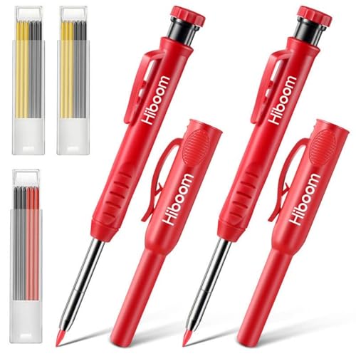 Hiboom 2 Pack Carpenter Pencils with Pencil Cap and 18 Refills, Red - color: Red