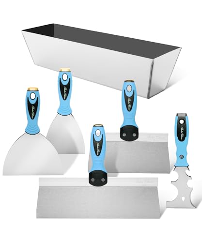 Bates- Drywall Hand Tool Kit, 6pcs, 3" 4" 6" 8" 12", Stainless Steel Drywall Tool with Metal Hammer End, Putty Knife Set, Taping Knives, 12.5" Mud Pan for Joint Taping, Finishing and Patching - color: Blue