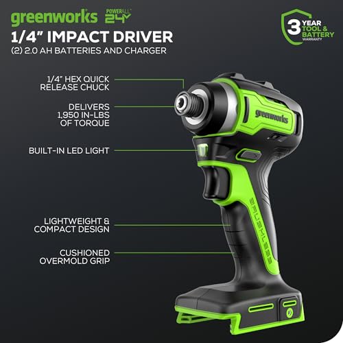Greenworks 24V Brushless 1950 in./lbs Impact Driver, 1/4-inch Hex Variable Speed, Tool Only - size: Tool Only(1950 in-lbs Impact Driver)