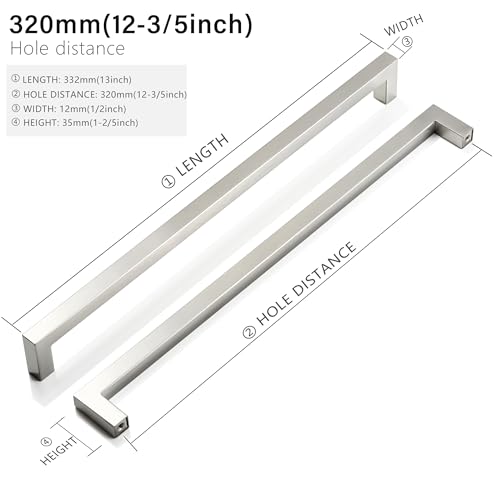 Cabinet Pulls Brushed Nickel Cabinet Handles Square Drawer Pulls, 5 Pack 12-3/5 Inch Stainless Steel Kitchen Door Cupboard Cabinet Handles, Cabinet Hardware Drawer Handles, 320mm Hole Centers - color: Brushed Nickel, size: Two Hole - 12-3/5 inch Hole Cent