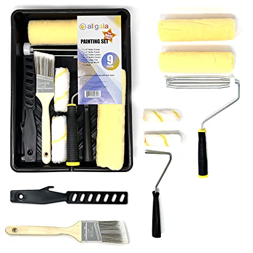 Allgala Paint Roller Kit 9 Pack Lint Free Paint Roller with Roller Frames Covers Brush Mixer and Large Tray - TH10301 - color: 9PC 9IN