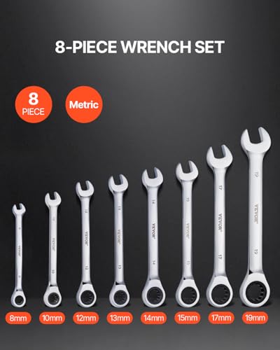 VEVOR Combination Wrench Set, 8-Piece Ratcheting Wrench Set with Organizer Rack, Cr-V Steel, Metric 8 mm to 19 mm, Ideal for General Household, Garage, Workshop, Auto Repairs, Emergency - size: 8PCS (Metric), style: Regular