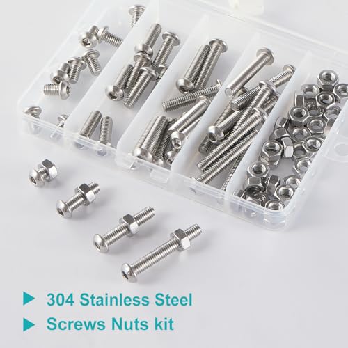 M6 x 10mm 20mm 30mm 40mm Button Head Socket Cap Screws Bolts and Nuts, Stainless Steel 304, Bright Finish, Metric Allen Hex Drive, Fully Thread, Assortment Kit 80PCS - size: Button M6x10-40mm+Nuts