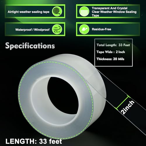 Qoqooice Transparent Window Weather Sealing Tape 2 Inch x 33 FT Weather Stripping Residue-Free Clear Window Insulation Tape for Doors Windows and Shower Glass Gaps - size: 2 In * 33 FT Clear