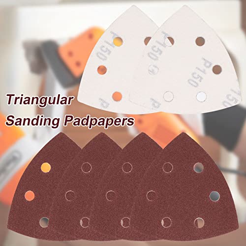 120 Pcs Triangle Sanding Pads, 150 Grits Detail Sander Sandpaper Hook and Loop Sanding Sheet,3.54"(90mm) Triangular Sandpaper for 3.5" Oscillating Multi Tool - size: 150 Grit, style: Hole