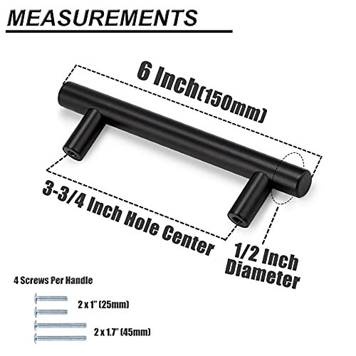 Probrico 30 Pack| 6 Inch Black Cabinet Handles with 3-3/4 Inch Hole Center Stainless Steel Cabinet Pulls Round T Bar Kitchen Cabinet Hardware Door Handles, Drawer Dresser Pulls，96mm Hole Centers - color: Black, size: hole center 3-3/4"