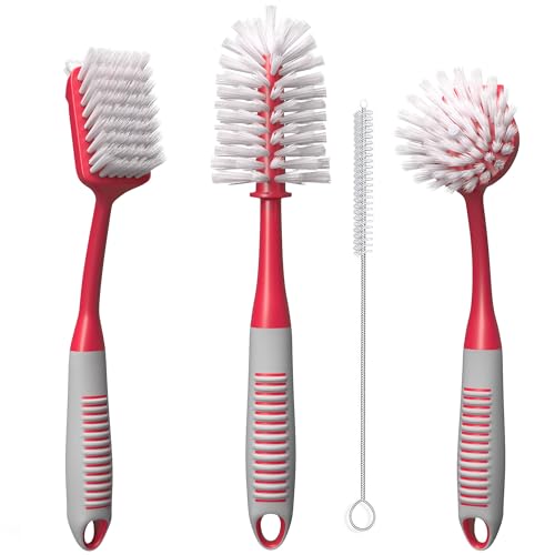 Dish Brush Set of 4 - Kitchen Scrub Brushes with Non-Slip Long Handle for Cleaning, Scrubber, Dishwashing, Dishes, Bottles, Straws, Cups, Pots & Sink, Red - color: Red
