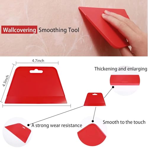 9Pcs Wallpaper Smoother Tool Kit – for Peel and Stick Wallpaper, Vinyl Backsplash Tile (1 Trapezoid Scraper + 1 Blue Long-pile Smoother + 1 Craft Knife + 5 Blades + 1 Red Tape Measure) - color: Red(9pcs)