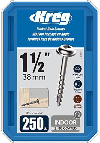 Kreg Zinc Pocket-Hole Screws, Pocket Hole Screws, 250 Count, 1-1/2 Inch