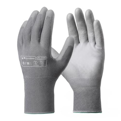 HandLove PU Coated Work Gloves 15 Pairs, Lightweight Polyester Safety Gloves with Non-Slip Grip - color: Grey, size: M(15 Pairs)