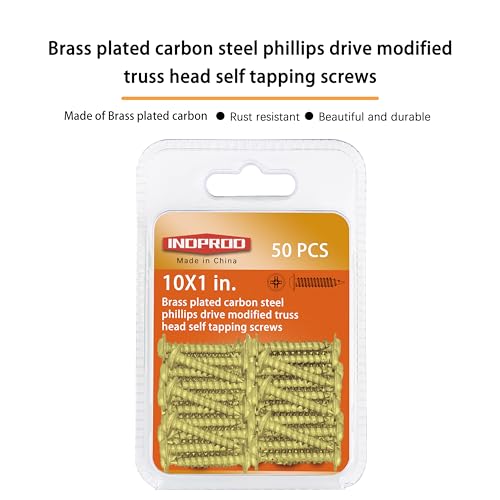 INDOROD #10 x 1 Truss Head Phillips Wood Screw (50 Pack), Brass Plated Screws, Self Tapping Wood Screws, Modified Truss Head, Brass Screws for Wood, 10 x 1 Inch, Gold - size: #10 x 1"