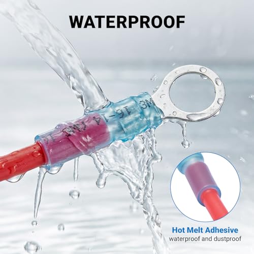 112Pcs Marine Grade Heat Shrink Ring Connectors Kit #10,1/4",5/16",3/8", Thickened Tinned Red Copper Wire Terminals, 3:1 Waterproof Insulated Crimp Connector Assortment for Boat Automotive RV