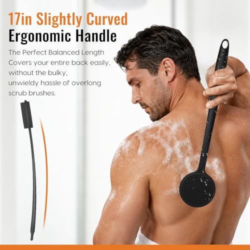 Back Scrubber for Shower & Face Scrubber, 2Pcs Silicone Exfoliating Brush Set with 17In Long Handle, Soft Body & Facial Cleansing Scrubber for Men Women - color: Back Scrubber