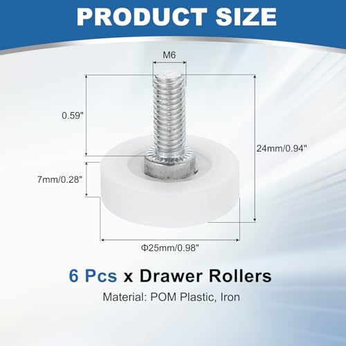 uxcell 6Pcs 25mm Drawer Rollers,M6x0.59 Thread Plastic Positioning Pulley | Flat Surface Small Drawer Pulley Bearing Replacement Wheel for Furniture Parts Cabinet Cupboard Slides - size: 25mm M6 x 0.59"