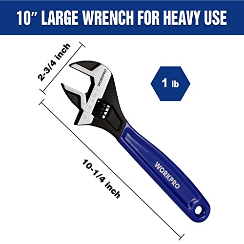 WORKPRO 10-Inch Adjustable Wrench, Cr-V Steel Wide Jaw Black Oxide Wrench - color: Blue, size: 10-Inch