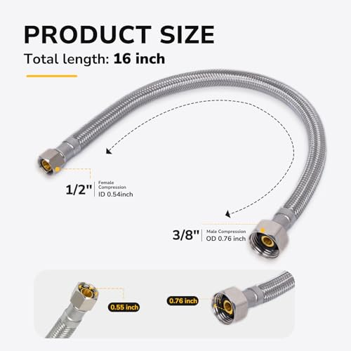 16" Faucet Supply Line, 3/8 inch Comp x 1/2 inch FIP Faucet Connector, Braided Stainless Steel Faucet Hose for Bathroom Sink and Kitchen, Leak-Resistant cUPC Certified Water Supply Line, 2 Pack - size: 16inch