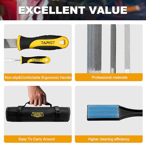 TARIST 19PCS Metal & Rasp File Set with Tool Bag, Includes Flat/Half-Round/Round/Triangle steel file, Half-Round wood file, 4 Way File and 12pcs Needle Files, Work for Metal, Wood and more - style: File Set - 19 pcs