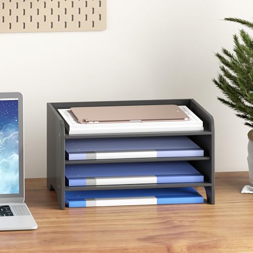 Bamboo File Organizer for Desk, Paper Tray with Pen Holder - color: Black, size: 4 Tier