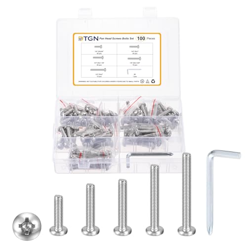 DTGN 1/4"-20 Pan Head Machine Bolts Assortment Kit 304 100pcs | Phillips Pan Head Bolt Assortment Kit with Wrench,304 Stainless Steel,Fastener For Machinery Furniture - size: 1/4"-20