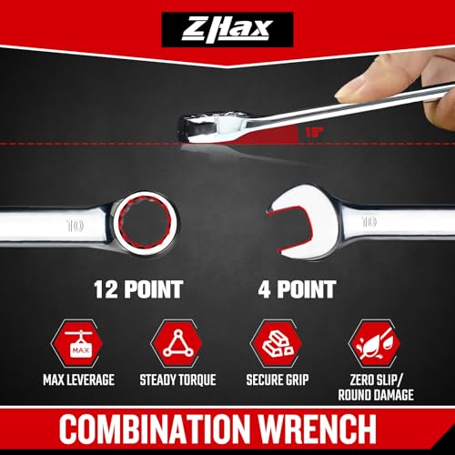 zhax 10mm Metric Stubby Combination Wrench, 12 Point Box End, 15 Degree Offset Design, Mirror Polish Finish, Forged CR V Steel, Hand Tools for Mechanics, Ideal for Auto and Home Repair - size: 10mm
