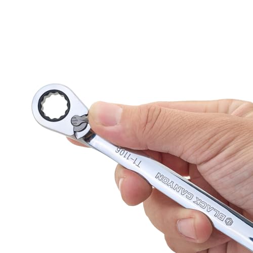 BLACK CANYON 7/16 Inch Ratchet Combination Wrench, 12-Point Box End & Hex Opening, Polished Steel Ratcheting Wrench with SAE & Metric Sizes - size: 7/16 Inch, style: Inch