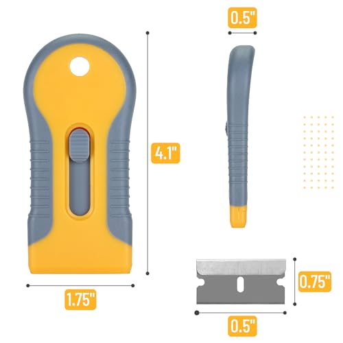 Bates- Razor Blade Scraper Tool, 2 Pack, 30 Extra Carbon Steel Blades, Anti-Slip Ergonomic Handle Design, Razor Scraper Set for Cleaning Window, Paint, Oven, Glass, Stove - color: Yellow and Gray