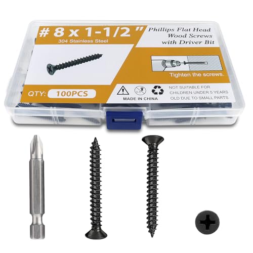 100PCS #8 x1-1/2 Black Wood Screws, Flat Head Stainless Steel Sheet Metal Screws, Fast Self Tapping Screws for Deck Drywall Concrete Screws with Screwdriver Bit - style: Black #8X1-1/2" Flat Head 100PCS
