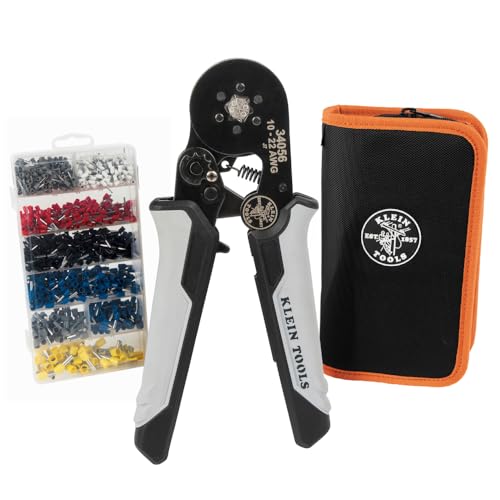 Klein Tools 34061 Ferrule Crimping Tool Set with Ratcheting Hex Crimper Pliers, 1200 Wire Terminals (10-22 AWG), and Soft Carrying Case for Electrical Applications - size: Crimper w/ Terminals