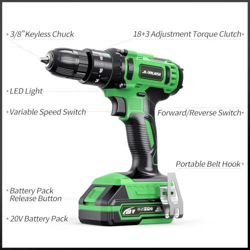 20V Cordless Drill, Electric Power Drill Set with Battery Charger and Carrying Case, 3/8” Keyless Chuck, 2 Variable Speed, 18+3 Torque, 72pcs Driver Bits and Belt Hook, Green