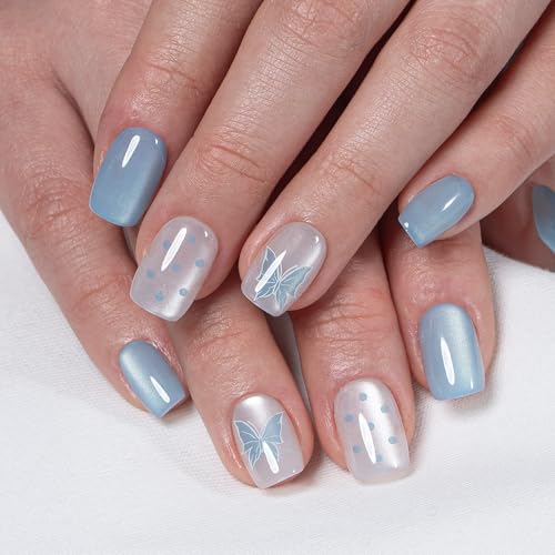 CurvLife Short Square Butterfly Design Press On Nails, Blue Flutter Blue - color: Blue Flutter
