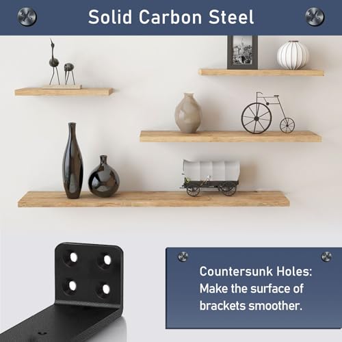 MLOQI 4 Pack Floating Shelf Bracket Heavy Duty, Hidden Shelf Brackets 5mm Thick L Brackets for Shelves up to 50 KG (Black 10cm)