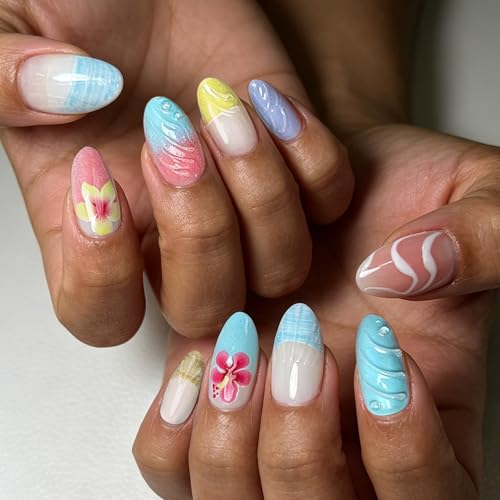 3D Color Press on Nails Almond - Medium French Tip Fake Nails with Embossed Flower&White Bead Designs, Glossy Finish Reusable False Nails for Women Manicure(3D Embossed design 10) - color: 3D Embossed design 10
