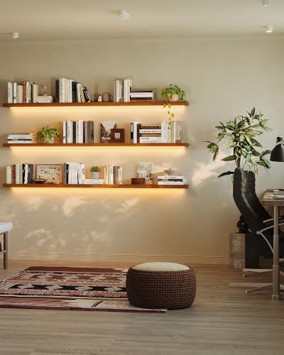 ROGMARS 72 Inches Long Walnut Floating Shelves with Led Light - color: Walnut, size: 72 Inch set of 3