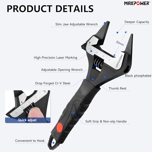 MAXPOWER 6-inch Slim Jaw Adjustable Wrench, Extra Thin Jaw Wide Opening Wrench, Dual Scale with Metric and SAE, Soft Grip Handle - size: 6"