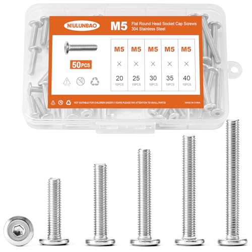M5 x 20mm 25mm 30mm 35mm 40mm Flat Round Head Hex Socket Cap Screws Bolts, Furniture Screws, 304 Stainless Steel, Allen Hex Drive, Metric Fully Threaded, Bright Finish, Assortment Kit 50PCS - size: M5 x 20/25/30/35/40mm (50PCS)
