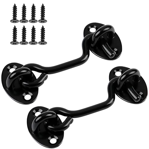 2 Pack 6'' Door Latch Door Lock Hardware, 6'' Hook and Eye Gate Latch Easy Lock for Barn Door, Black Sliding Door Lock with Screws for Window, Cabin Hooks