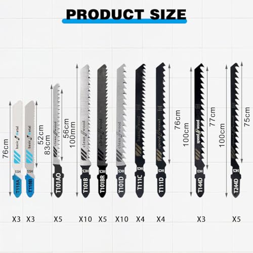 52Pack T-Shank Jigsaw Blades, Jig Saw Blades Set Made with High Speed Carbon Steel, HCS/HSS Jig Saw Blades for Wood, Plastic and Metal Cutting