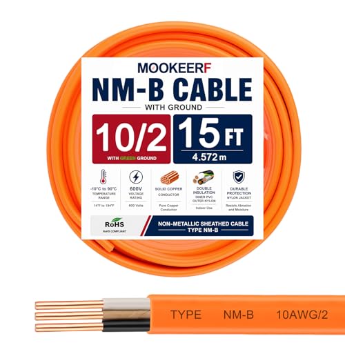 10/2 Wire with Ground - 15FT 10 Gauge NM-B Non-Metallic Sheathed Cable 100% Pure Copper 10 AWG 2 Conductor Residential Indoor Wire for Outlets, Switches, Other Loads and Lighting Wiring Projects etc. - size: 15FT, style: 10AWG/2