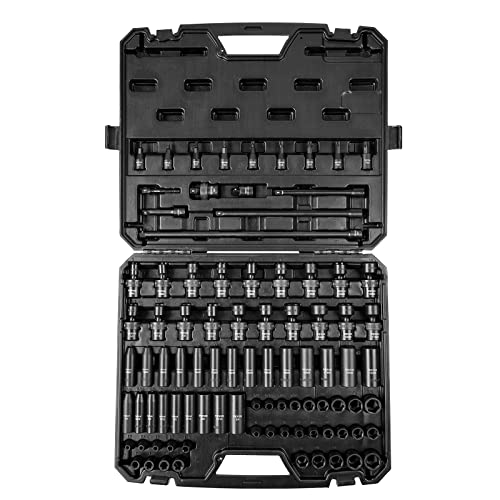 VEVOR Impact Socket Set 3/8" Drive, 90 PCS, CR-MO, SAE 1/4"-3/4" Metric 6-19mm, with Shallow & Deep Sockets, Swivel & E-Torx & Bit socket Sockets, Extension Bars, Adapters, Universal Joint - size: 3/8" 90 PCS CR-MO