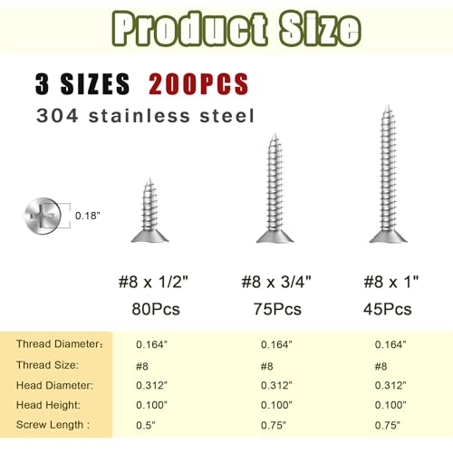 200PCS 304 Stainless Steel High Hardness Wood Screws Assortment Kit, 3 Sizes #8×1/2",#8×3/4",#8×1",Phillips Drive Flat Head, Wood Screws, Screws, Assorted Screws, Screws Set,Sheet Metal Screws - size: 200PCS-SV