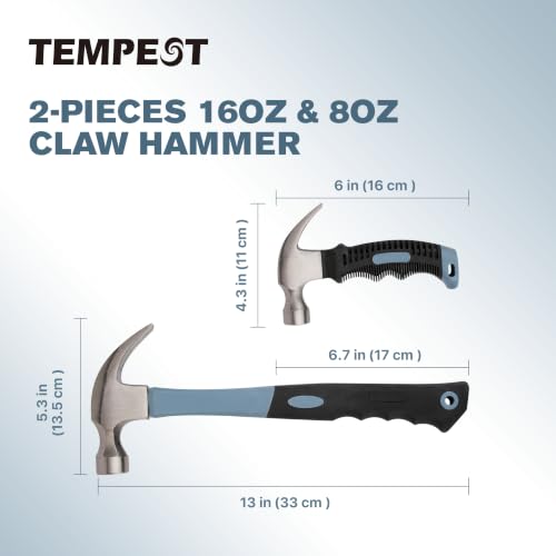 TEMPEST 2-Piece Claw Hammer Set, 16 oz General Purpose & 8 oz Stubby Mini Hammer, Drop-Forged Carbon Steel, Non-Slip Handle, Curved Claw Hammer Set for Construction, Woodworking & Home Repair