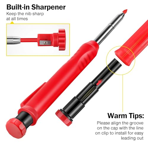 Hiboom 2 Pack Carpenter Pencils with Pencil Cap and 18 Refills, Red - color: Red
