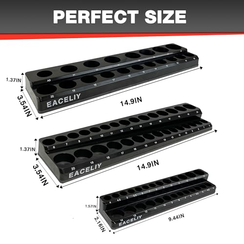 EACELIY Magnetic Socket Organizer Set,Metric Socket Holder Kit, Socket Trays，holds 75 Deep and Shallow 3/8" Sockets(sockets not included) 丨3Pcs 1/2", 1/4" and 3/8" （Black） - size: 3PCS Metric 1/2&3/8&1/4