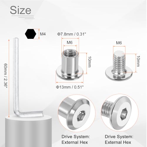 HARFINGTON 20 Set M6x10mm Hex Drive Socket Cap Bolt and M6x10mm Nuts with M4 Hex Wrench, Furniture Connector Bolts and Screws for Furniture Countersunk Belt, Silver - size: M6x10mm, M6x10mm