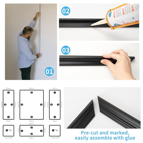 Art3d Pre-Cut Wall Molding Set of 6 pcs, 3 Top 3 Bottom, Black - color: Black: Style 2